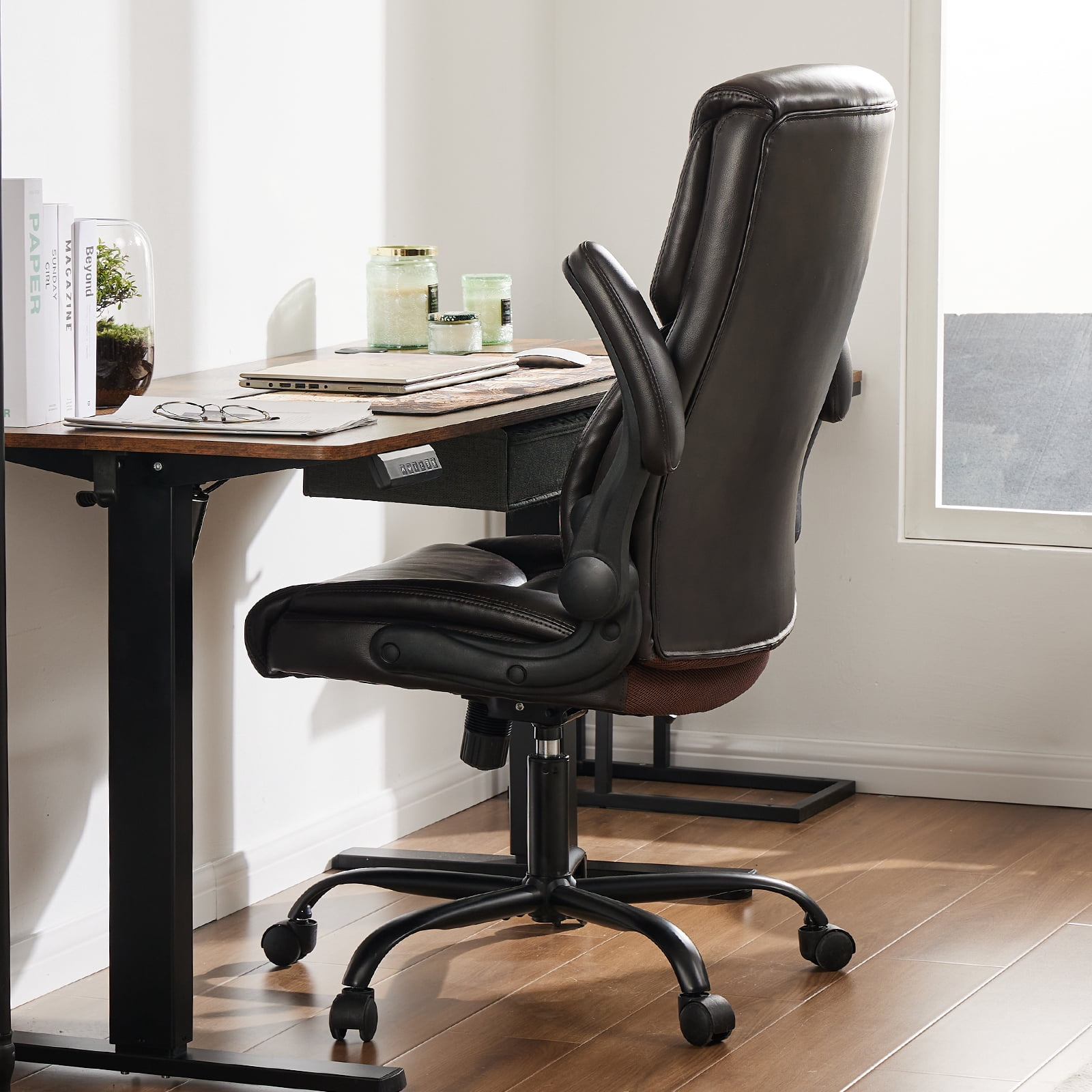 JOINSUN Office Chair, High Back PU Leather, Ergonomic Executive Desk Chair with Rolling Wheels, Soft Padded Seat, Swivel & Adjustable Lumbar Support, Brown