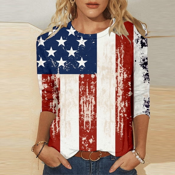 Conairie Womens 4th of July Shirt 3/4 Sleeve Crew Neck Loose Patriotic T Shirts With American Falg Print Holiday Commemorative Tops Red M