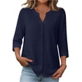 thumbnail image 2 of Button Down Shirts for Women 3/4 Length Sleeve Tops V Neck Blouses Business Casual Outfits Loose Fit Blue 2XL, 2 of 6