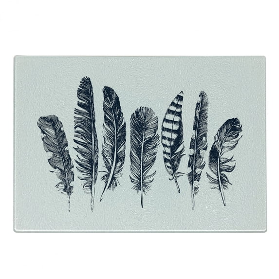 Feather Cutting Board, Sketch Style Arrangement of Feathers Monochrome Wild Bird Quills Pattern, Decorative Tempered Glass Cutting and Serving Board, Small Size, Dark Blue and White, by Ambesonne