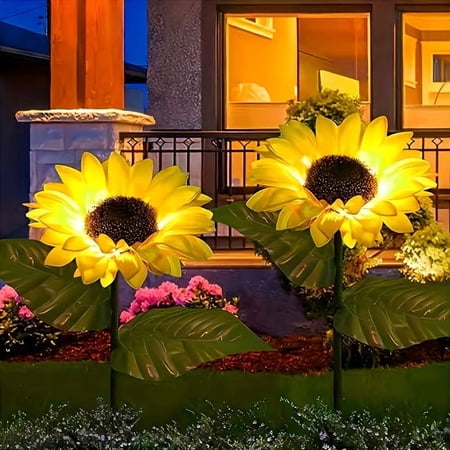 Lunxisen 2 Pcs Sunflower Solar Lights Outdoor Decor Garden Stake Waterproof Solar Powered Landscape Lighting for Yard Pathway