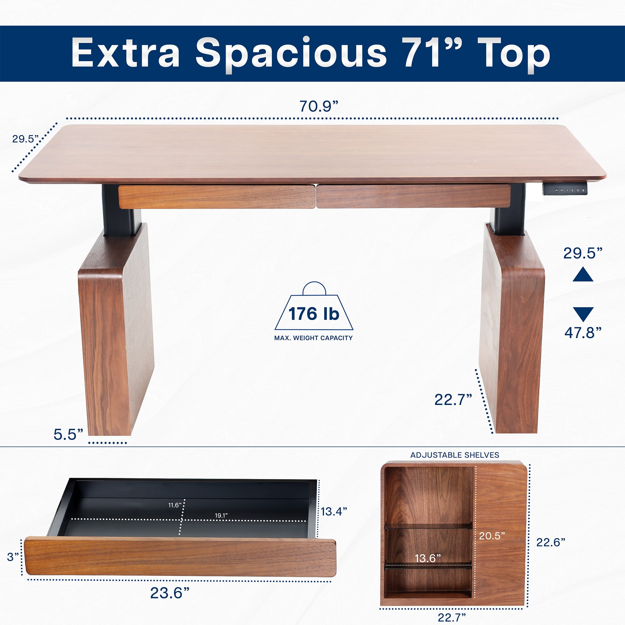 VIVO Walnut 71" x 30" Dual Motor Electric Executive Desk with Storage