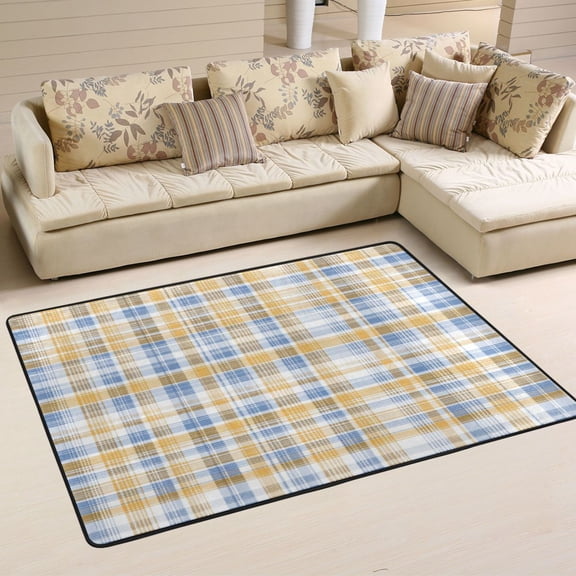 Area Rugs 36"x24" Indoor Non-Slip Wear Resistant Floor Mats Soft Large Carpets for Living Room Bedroom Home Decor Washable Rug Yellow and Blue Tartan