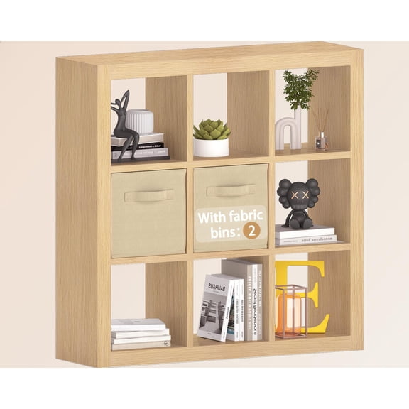 9 Cube Shelf, Closet Storage Organizers, Modern Open Bookcase with Bins, Multifunctional Display Cube Bookshelves for Living Room, Bedroom, Home Office, Oak