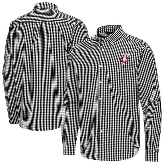 Men's Antigua Black Minnesota Twins Ellis Woven Tri-Blend Button-Down Shirt