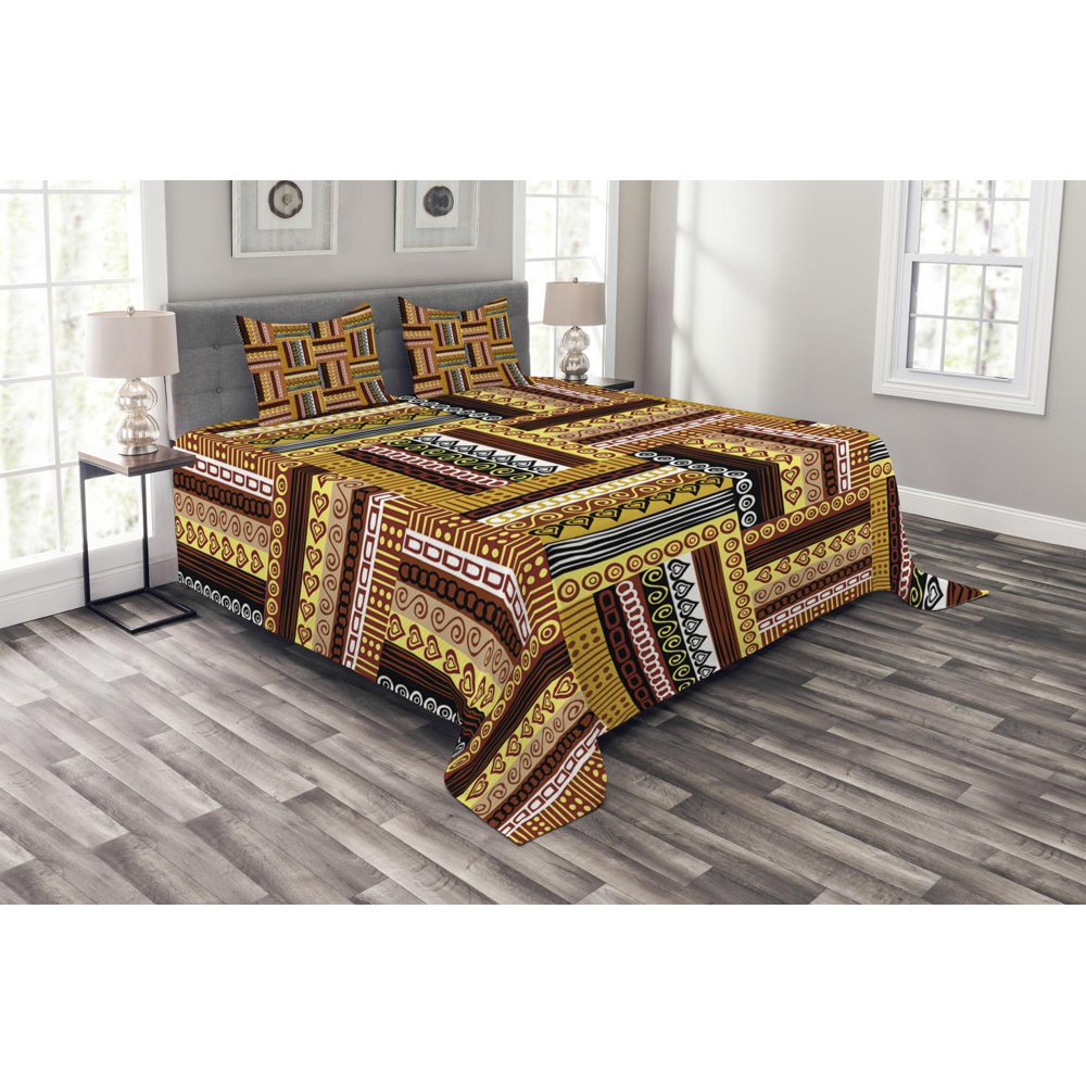 Ethnic Bedspread Set King Size, Traditional African Oriental Motifs with Tribal Colors Nigerian
