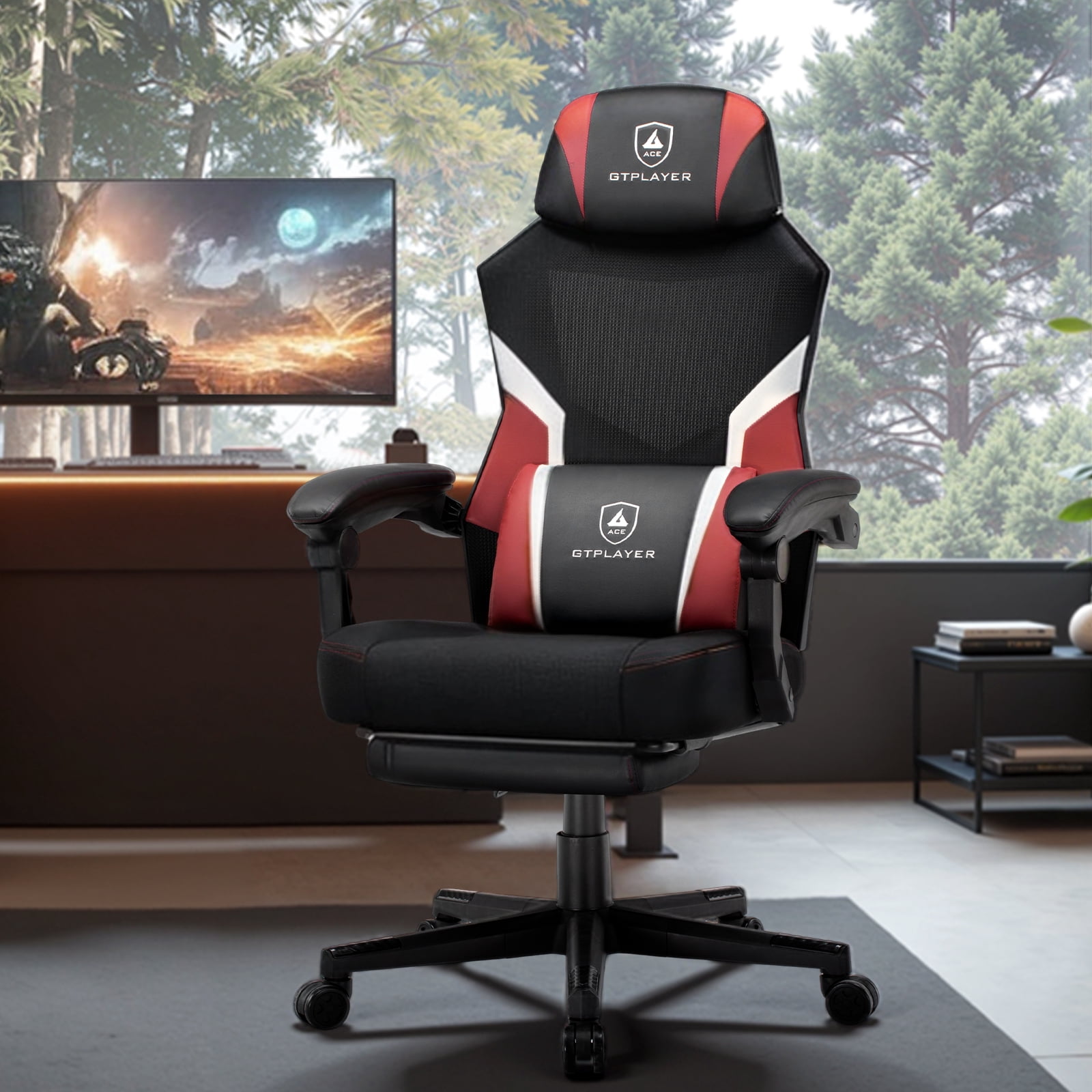 GTPLAYER Ergonomic Mesh Back Reclining Gaming Office Chair with Footrest, Red