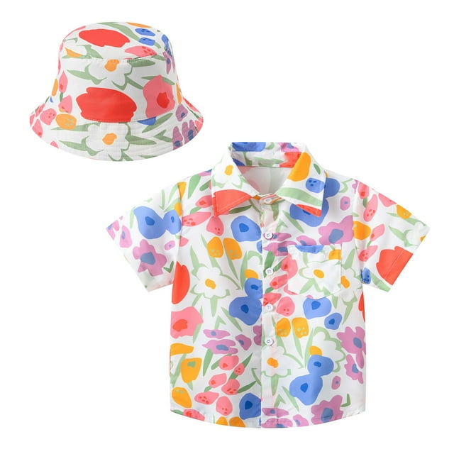 MIASHUI Boys Button Down Shirts Summer Short Sleeve Graphic Print Tops with Hat,White,4-5 Years