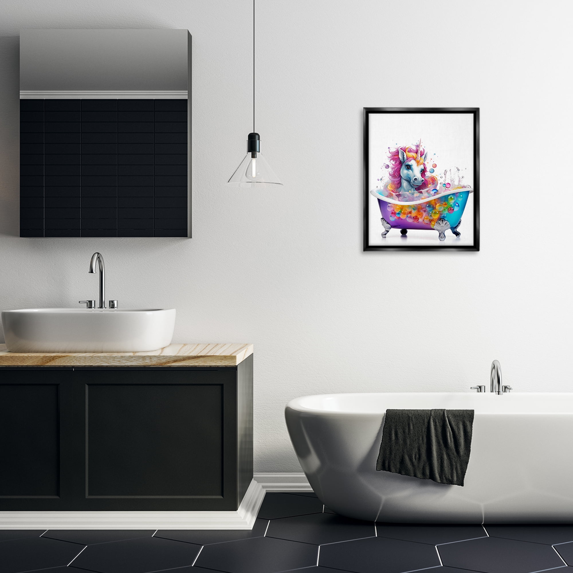 Stupell Industries Rainbow Bubbles Unicorn Typography Painting Black Floater Framed Canvas Art Print Wall Art, 17 x 21