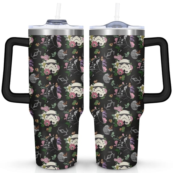 40oz Space Sci-Fi Shower Stainless Steel Tumbler with Lid and Straw,Black and White Floral Modern Spill Proof Travel Cup Double Wall Vacuum Insulated Coffee Mug with Handle Black