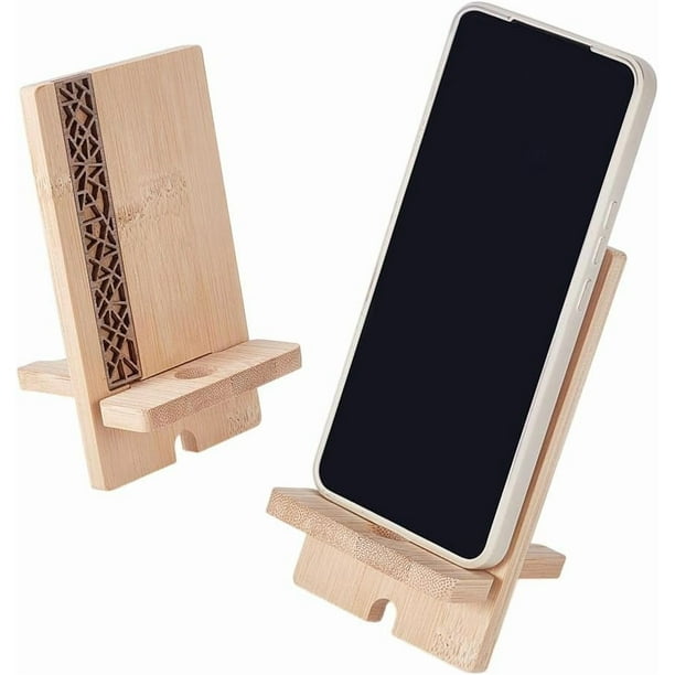 2 soportes de madera para smartphone, portátiles, de escritorio, con orificio para cable. Compatibles con la mayoría de los smartphones.