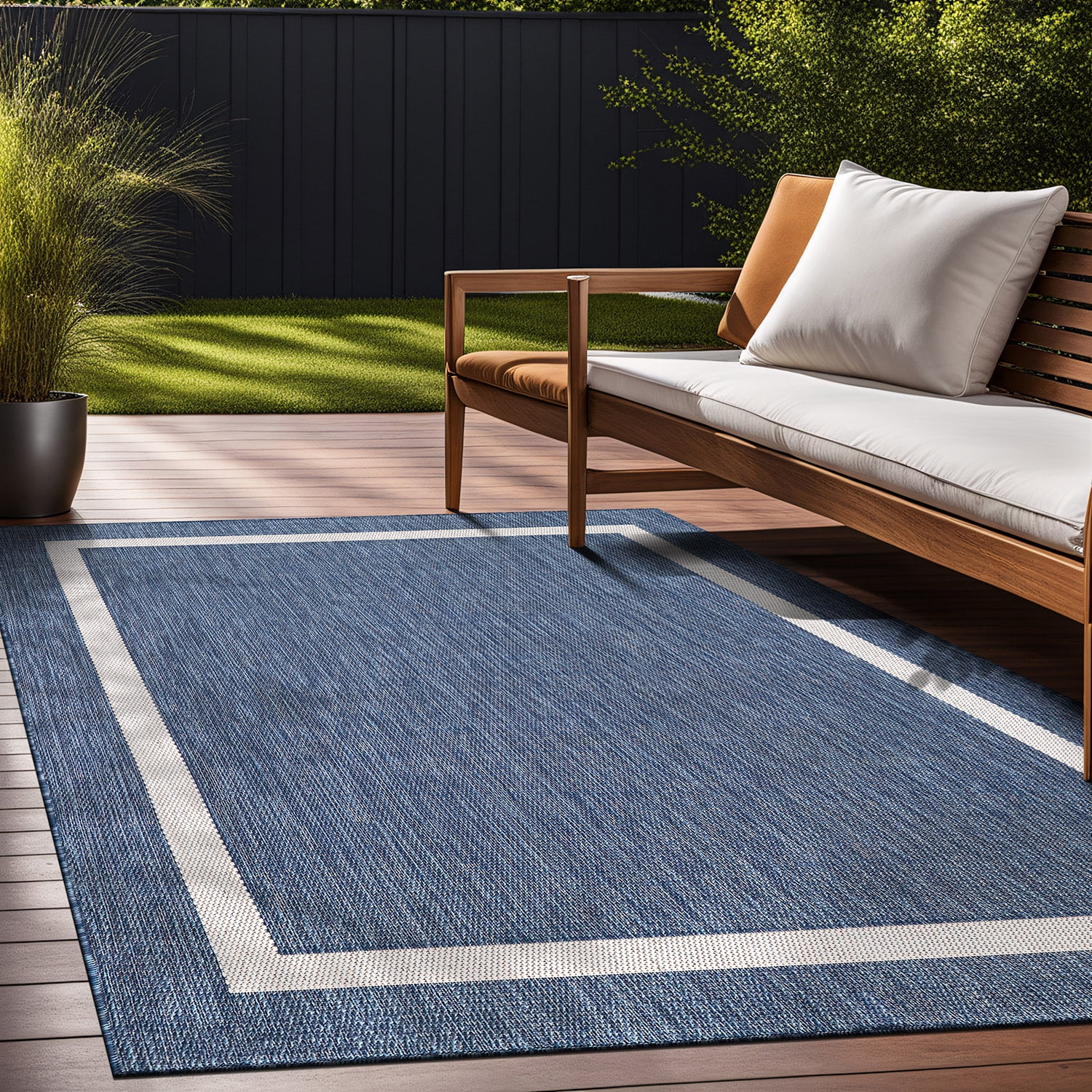 Beverly Rug Indoor/Outdoor Area Rugs, Bordered Patio Porch Garden Carpet, Blue and White, 8'x10'