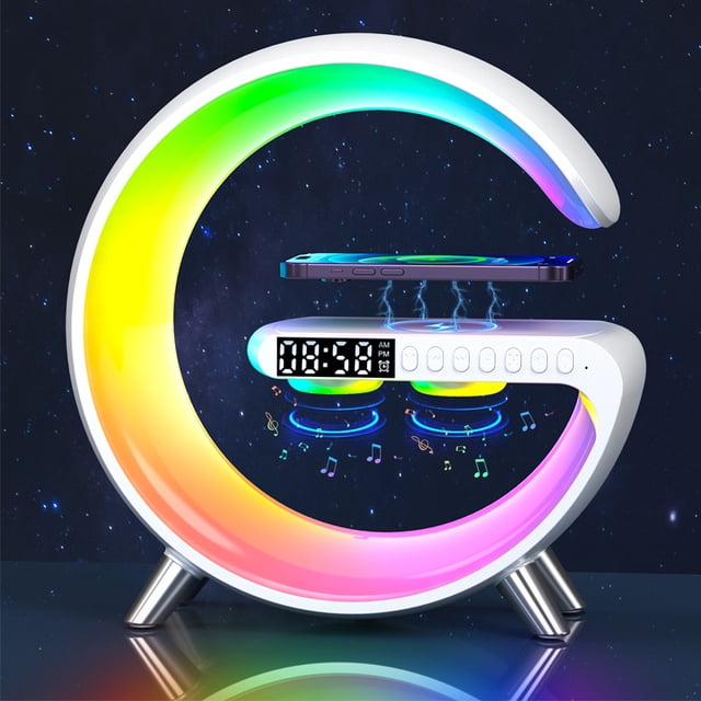 Altavoz Bluetooth, luz ambiental G grande, carga inalámbrica, control de aplicación de teléfono móvil, luz de despertador, reloj despertador, sonido G pequeño
