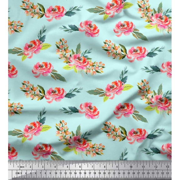 Soimoi Green Cotton Duck Fabric Leaves & Peony Floral Printed Fabric 1 Yard 42 Inch Wide