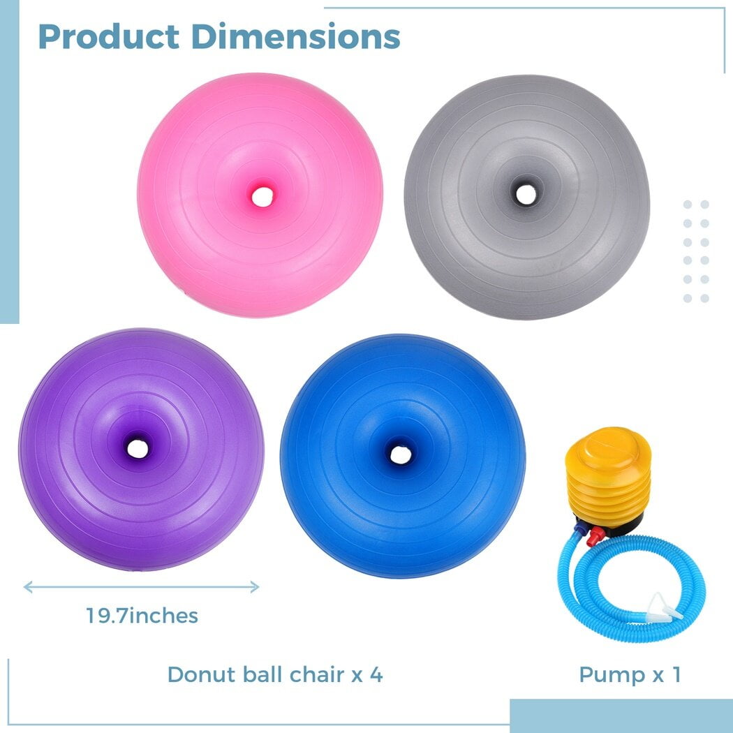 4 PCS Flexible Donut Ball Chairs, Classroom Elementary Yoga Ball Chairs, Inflatable Yoga Balls Office Chairs, Stability Balance Trainer Balls with Inflator for Relax and Training