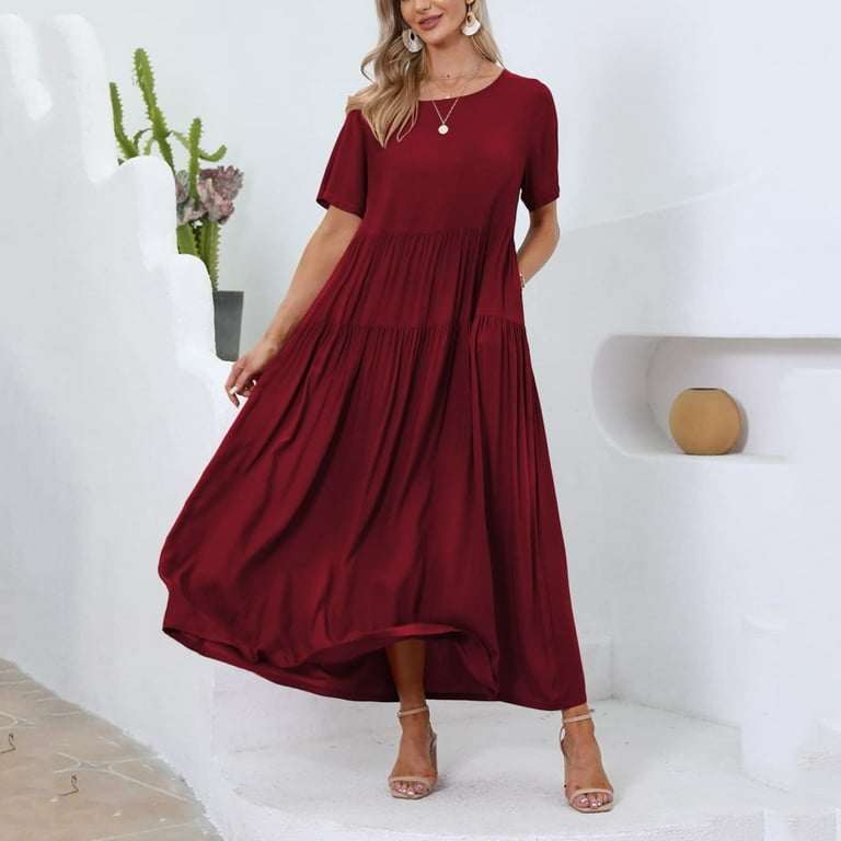 Beach Boho T Shirt Dresses for Women 2024 Summer Casual Short Sleeve Sundresses Teacher Spring T Shirt Dress Loose Fit Long Solid Vacation Clothes Bridesmaid Evening Party Sun Dresses Trendy Prom Walm...