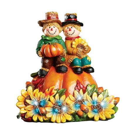 Fiber Optic Lighted Fall Scarecrows Figurine Tabletop Décor with Sunflowers and Pumpkins