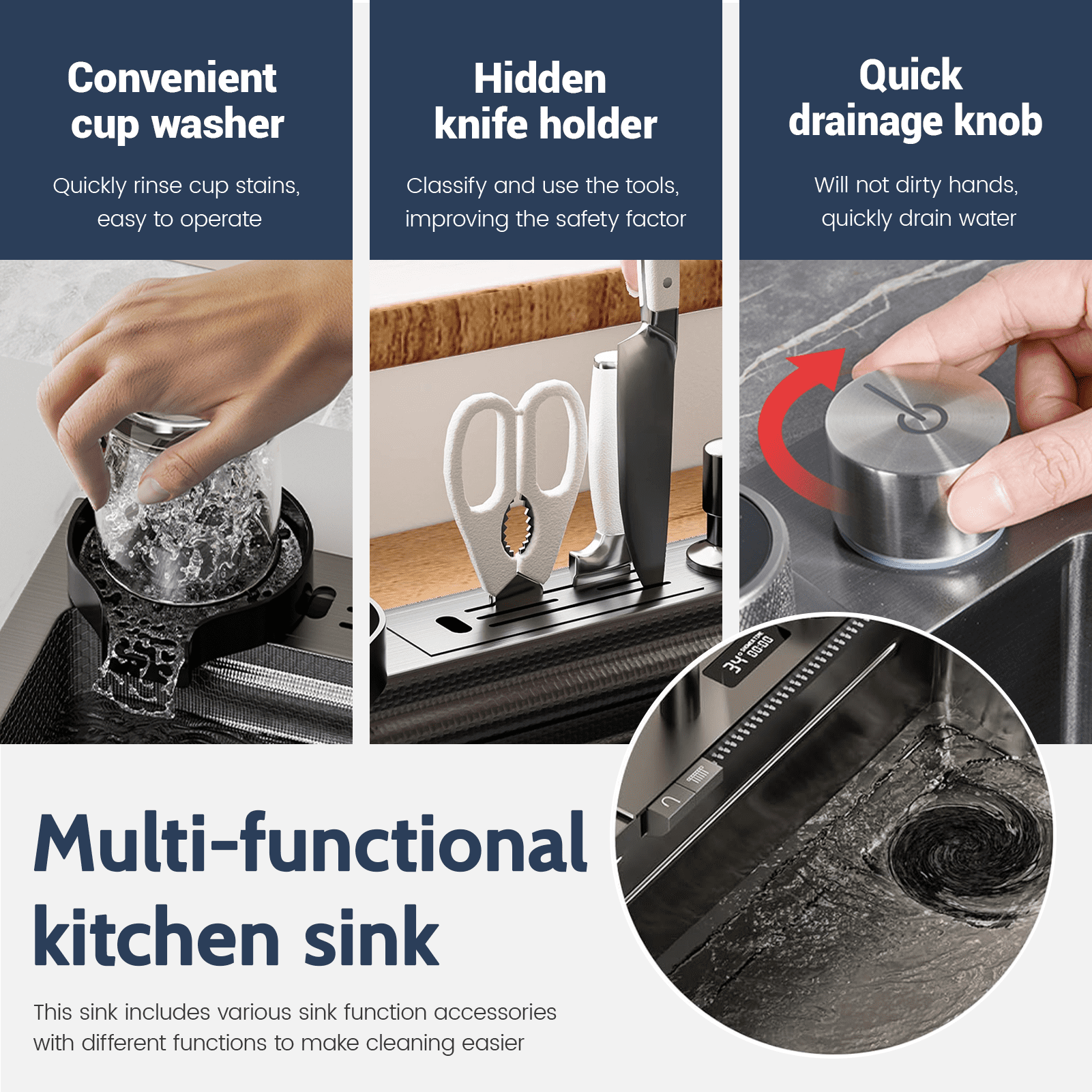 31.5 In Smart Waterfall Kitchen Sink with Temperature Display Faucet,Black Stainless Steel Drop In Single Bowl Sink,Topmount Workstation Bar Sink,with Knife Holder & Accessories