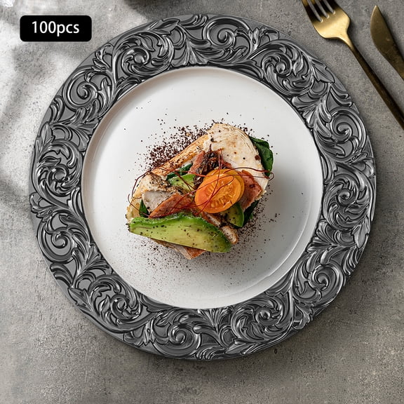 100Pcs Black Charger Plates 13in PP Embossed Rim Wedding Banquet