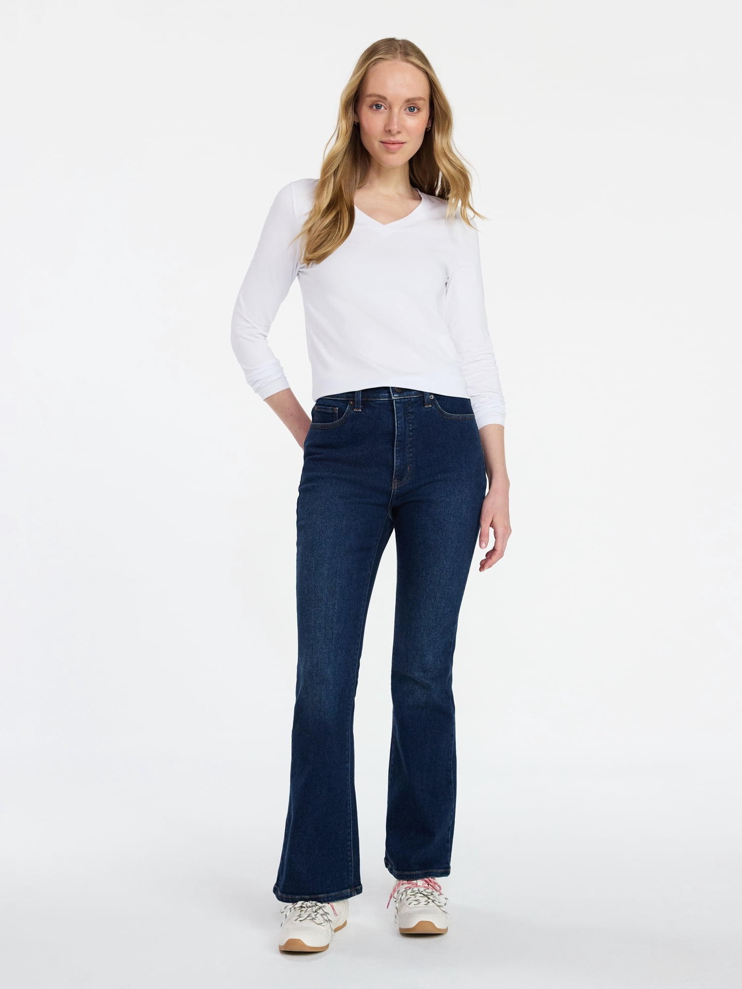 Time and Tru Women's Slim V-Neck Tee with Long Sleeves, Sizes XS-XXXL