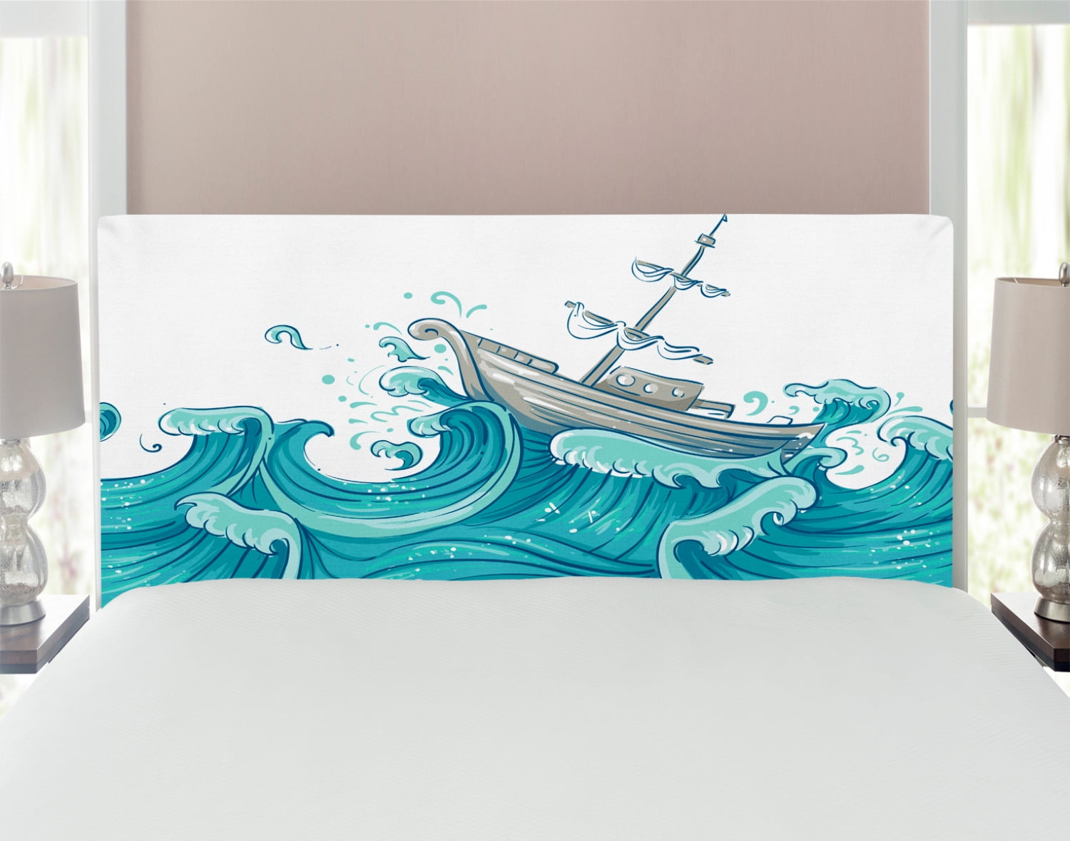 Nautical Headboard, Ship Being Tossed by Giant Ocean Waves Aquatic Old ...