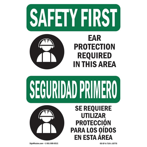 OSHA SAFETY FIRST Sign - Ear Protection Required Bilingual | Plastic Sign | Protect Your Business, Work Site, Warehouse & Shop Area | Made in the USA