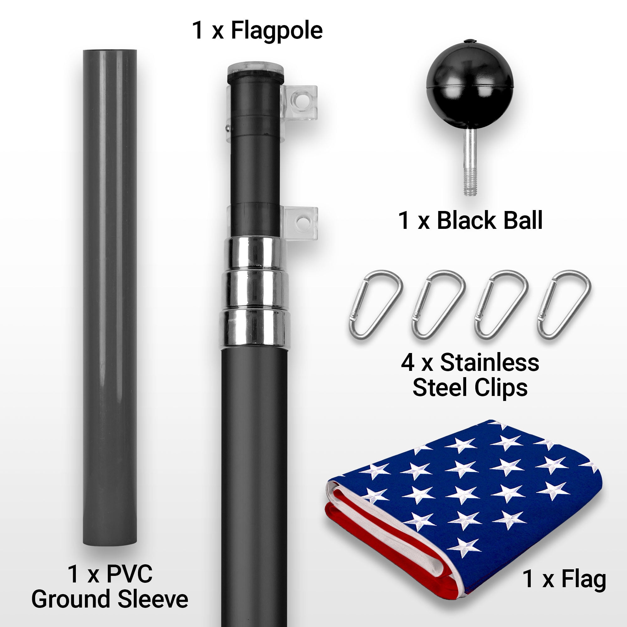 G128 Combo Pack: 16 Ft Telescoping Aluminum Flagpole (Black) & American USA Flag 2x3 Ft, ToughWeave Series Embroidered 210D Polyester | Pole with Flag Included