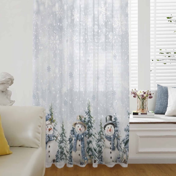 Christmas Snowman Semi Sheer Curtains Drapes for Living Room, Bedroom, French Doors Window 96 Inches Long, Farmhouse Xmas Tree Grey Snowflake Rod Pocket Chiffon Curtain Drapery Voile Draperies Panel