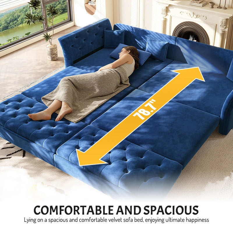 King Size Sleeper Sofa Bed, 100" 3-in-1 Convertible Pull Out Chesterfield Sleeper Couch, Oversized Velvet Flower Button Tufted 4-Seat Sofa for Living Room Apartment