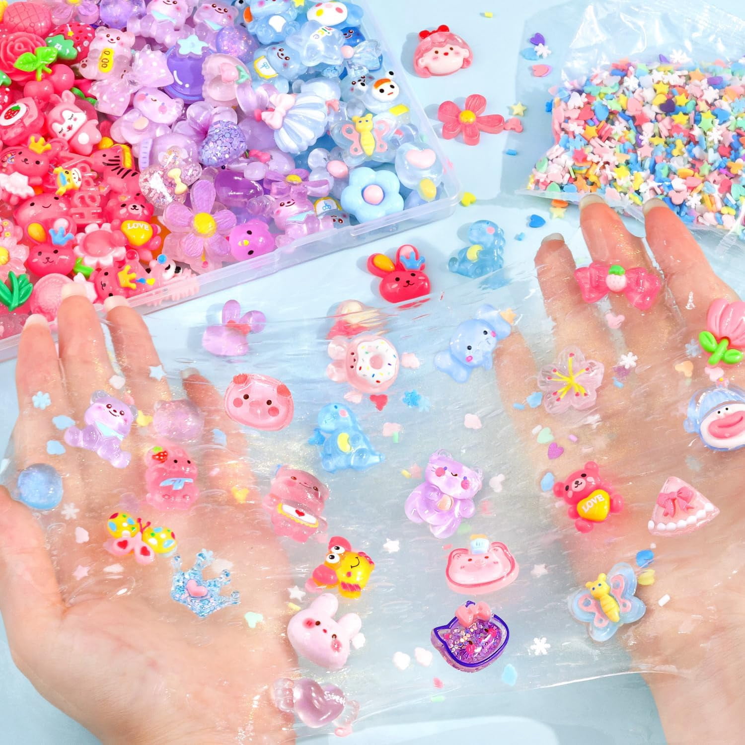 100Pcs 4 Mixed Colors Slime Charms Assorted Cute Jelly Embellishments, Random Bulk Flatback Resin Ornament Bear Star Kawaii Slime Accessories for Phone Junk Case, Scrapbooking Crafting & DIY Decor