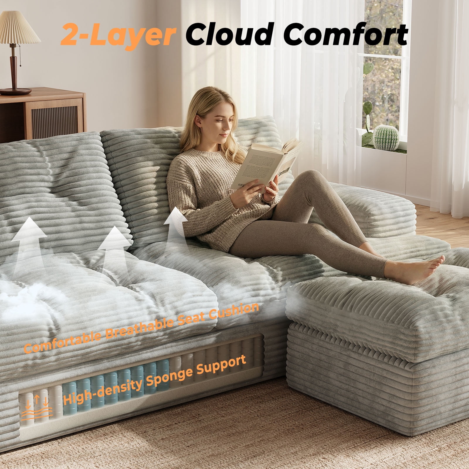 85" Modular Sectional Sofa for Living Room, L-Shaped Corduroy Cloud Couch with Ottoman, Two-Layer Cushion, No Assembly Boneless Sofa, Gray