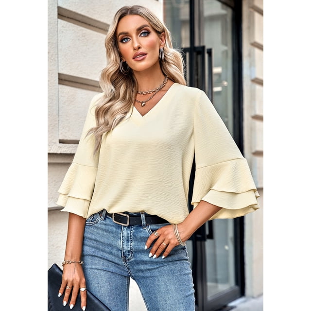 Blusa para mujer, elegante cuello en V, mangas 3/4, blusas informales, tops tipo túnica