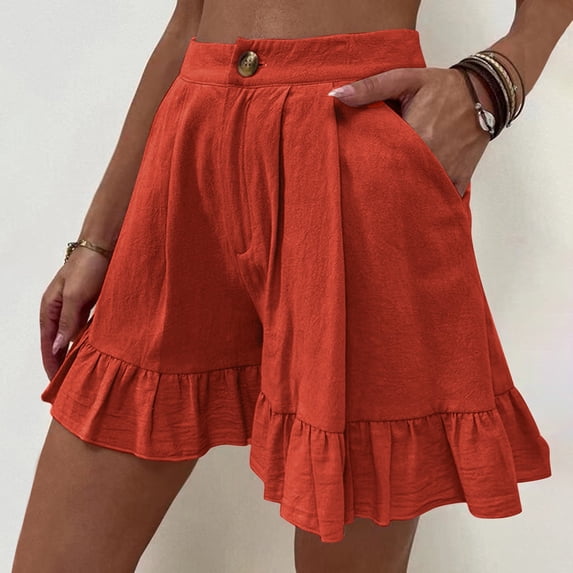QLEICOM Womens Athletic Shorts, Plus Size Shorts, Solid Casual Wide Leg Ruffle Loose High Waist Shorts Pants Yoga Shorts, Running Shorts, Comfy Beach Shorts, Cycling Shorts Watermelon Red Size 12
