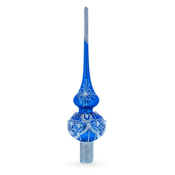 Dimensional White Pearls on Blue Glass Christmas Tree Topper 11 Inches
