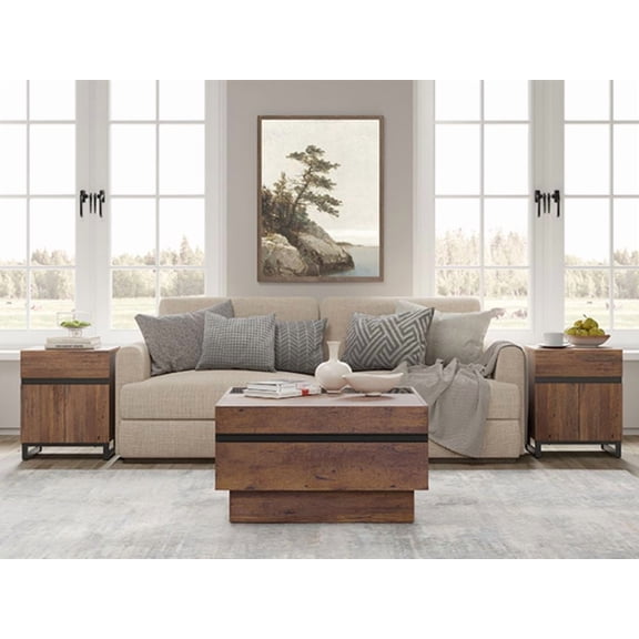 3-Piece Living Room Table Set, Modern Square Coffee Table with Tempered Glass Top, 2 End Tables with 2 Drawers & Black Iron Legs, Walnut Wood Grain,Brown