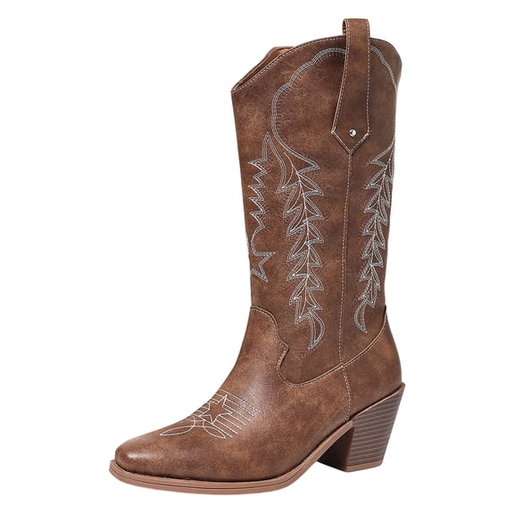 YLYL Mid Calf Boots for Women Snip Toe Wide Calf Chunky Heel Pull on Cowboy Cowgirl Western Boots