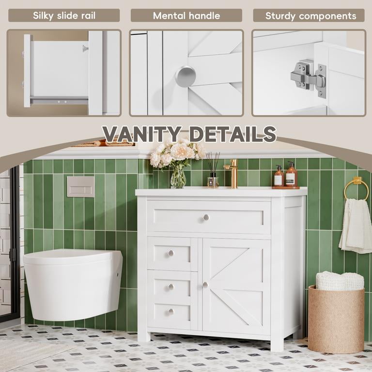 Lacoo 30'' Bathroom Vanity with Resin Sink, Wood Bathroom Storage Cabinet with Drawers and Shelves for Bathroom, White