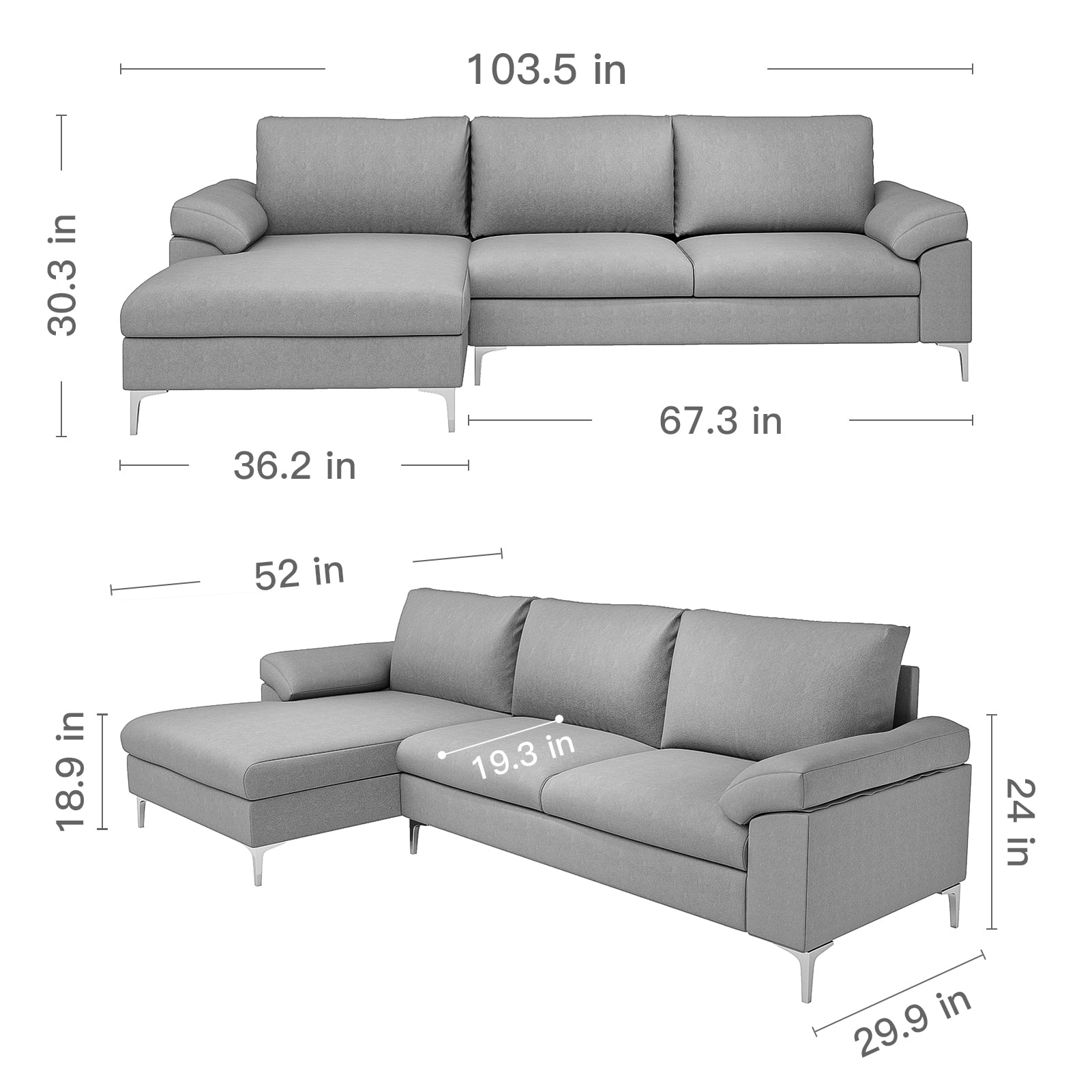 Kepooman L-Shaped Convertible Sectional Sofa Sleeper Bed, Gray Kepooman L-Shaped Convertible Sectional Sofa Sleeper Bed, Gray