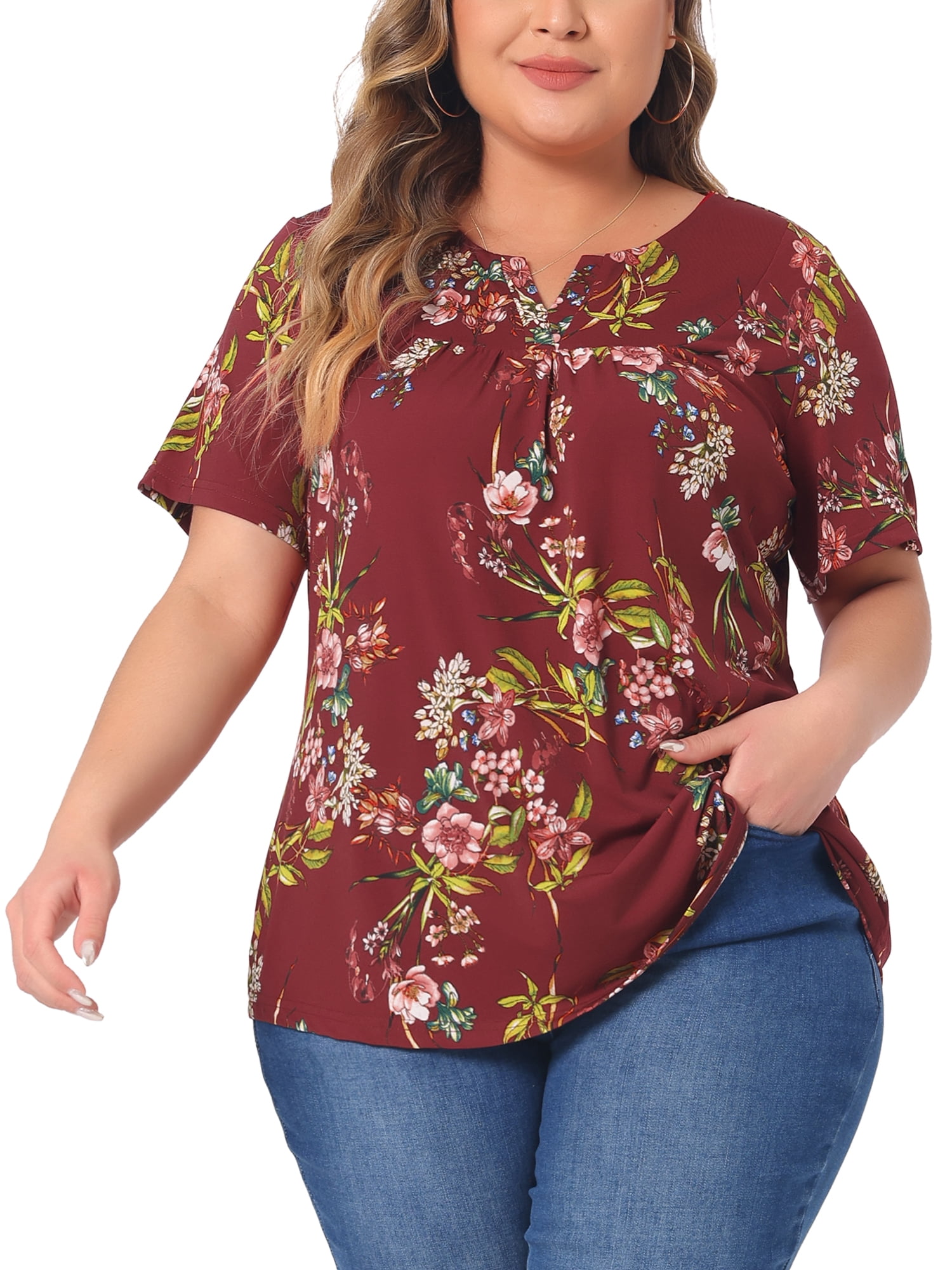 DARING DIVA Women's Plus V Neck Floral Print Casual Top 1X Red