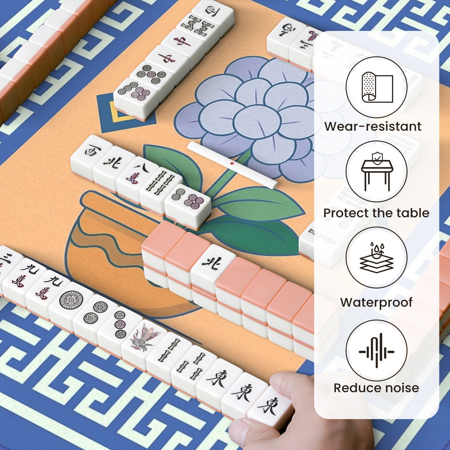 Mahjong Mat 31.5" x 31.5" Floral Pot Blue Hydrangea Geometric Border Anti-Slip and Noise Reduction Symmetry Design Mahjong Tiles Table Cover for Dominoes Poker Card Board and Tile Games