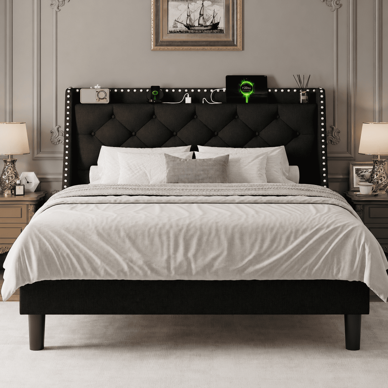 Virans Full Bed Frame with 16" Deluxe Wingback & Charging Station, Upholstered Platform Bed with Button Tufted Storage Headboard,Black