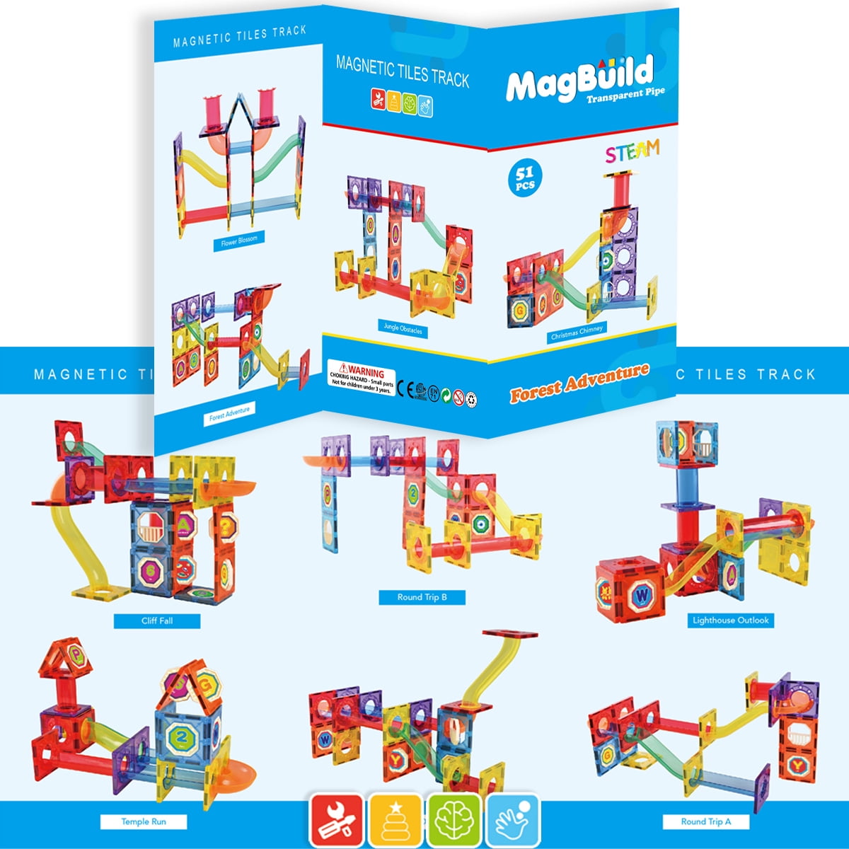 Zunammy Kids Magnetic Building Blocks Tile Set 51-Piece Toddler