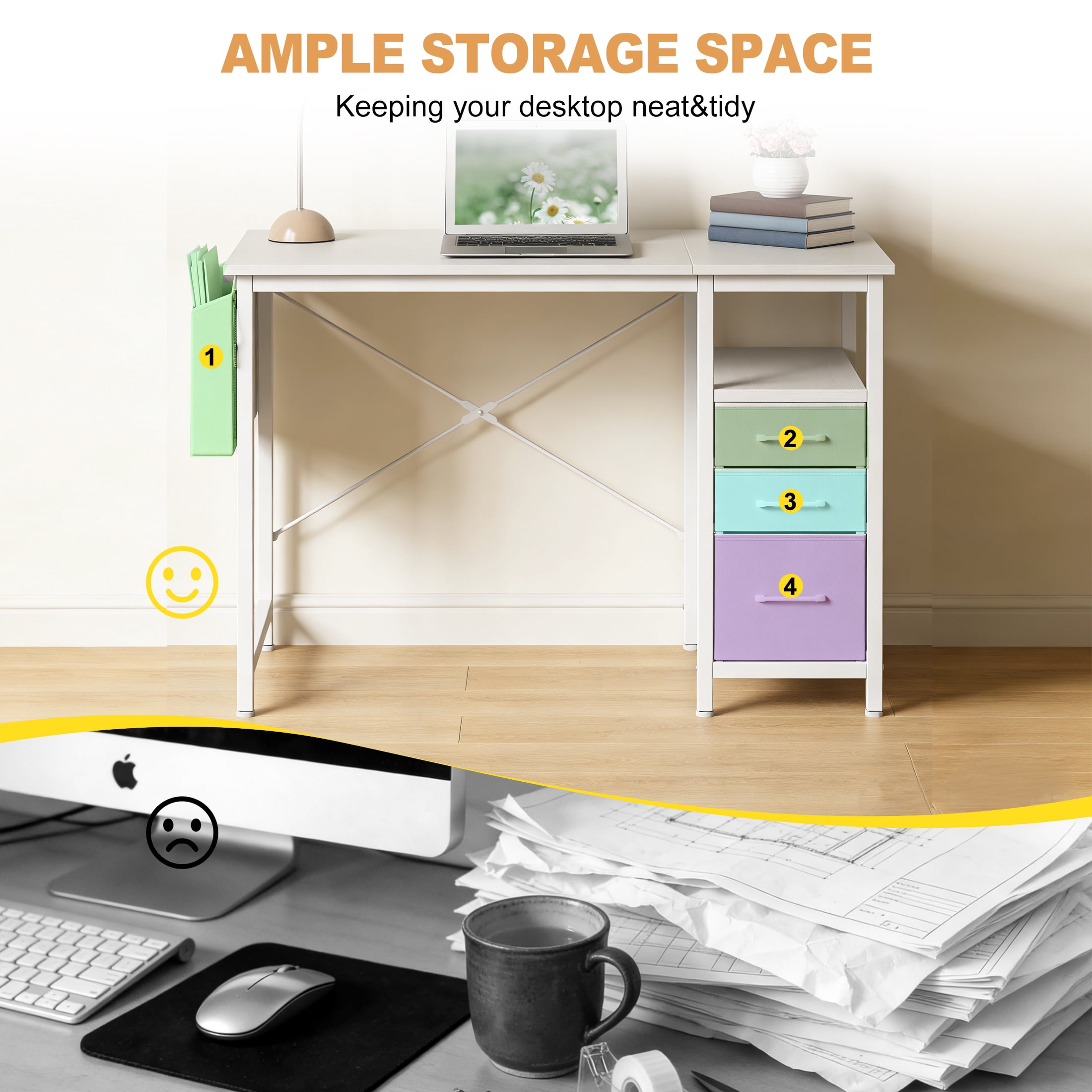 EDX 40 Inch Computer Desk with 3 Drawers, Writing Desk with Side Storage Pocket, for Home Office, Bedroom , White