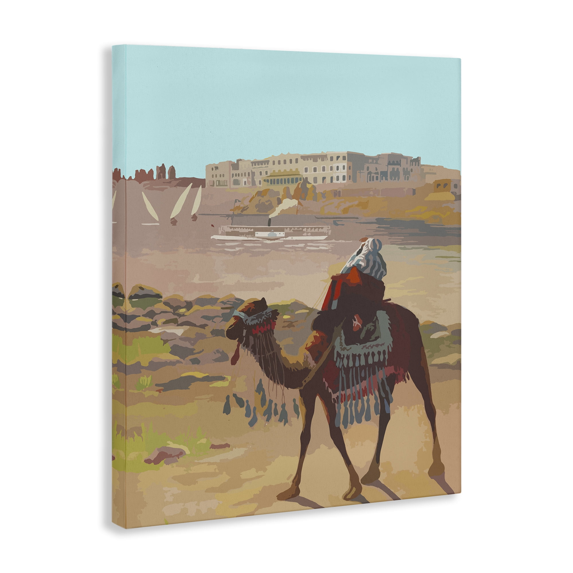 Stupell Industries Camel in Desert Town Landscape Painting Gallery Wrapped Canvas Art Print Wall Art, 16 x 20