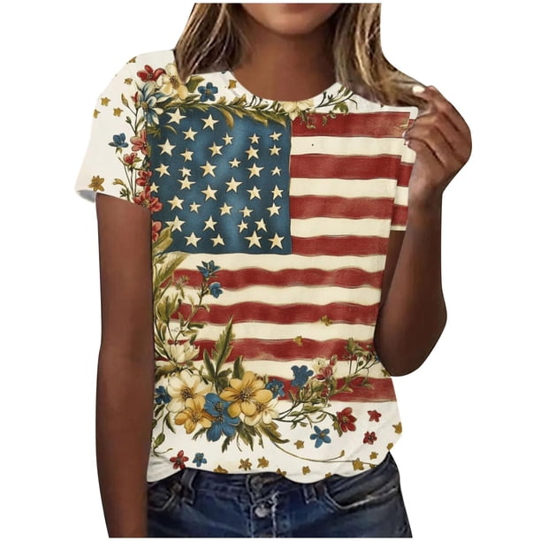 Tops de Ajuste Suelto para las Mujeres Día de la Independencia Impreso de Manga Corta Cuello Redondo Superior Luz Suave Tela Transpirable para la Moda Diaria Tops Cortos para las Mujeres