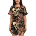 thumbnail image 1 of Fotbe Gothic Eastern Floral Skull Conjunto de Pijama Estampado para Mujer, 2 Piezas, Ropa de Dormir con Camiseta de Manga Corta y Shorts Suaves-Small, 1 of 6