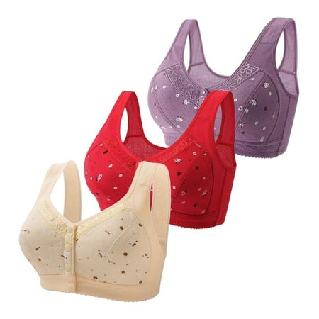 DondPO Bras for Women 3 Pack Bras For Older Women 2024 Front Close Button Cotton Bras Comfortable Full Support Wide Back No Underwire Bras Push Up Bra Plus Size Bras for Women Clearance Green 48