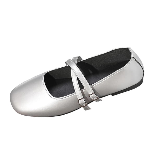 Xfvqtps Womens Loafers Soft Sole Casual Flats Slip on Shoes with Metal Buckle Flexible Lightweight Comfortable Walking Footwear for Women Silver