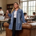 thumbnail image 2 of GRACE & GRANDEUR Women's Plus Size Long Sleeve Maxi Denim Jacket  Distressed Long Jean Coat with Chest Pockets 1X Blue, 2 of 8