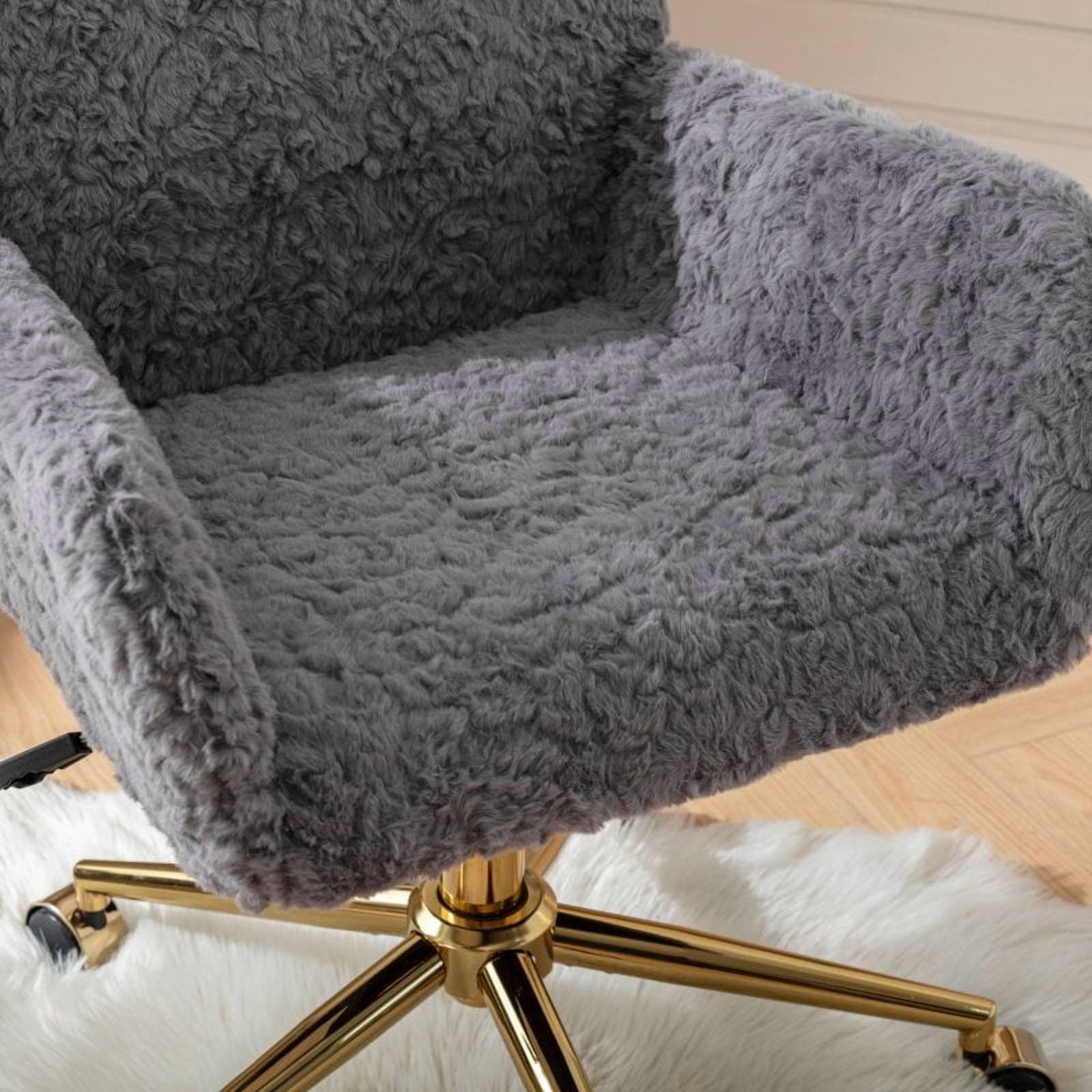 Faux Fur Office Chair for Women & Teens, Adjustable Swivel Desk Chair with Metal Base & Colorful Wheels, 22.5"W x 21.5"D, Ivory Vanity Chair/G